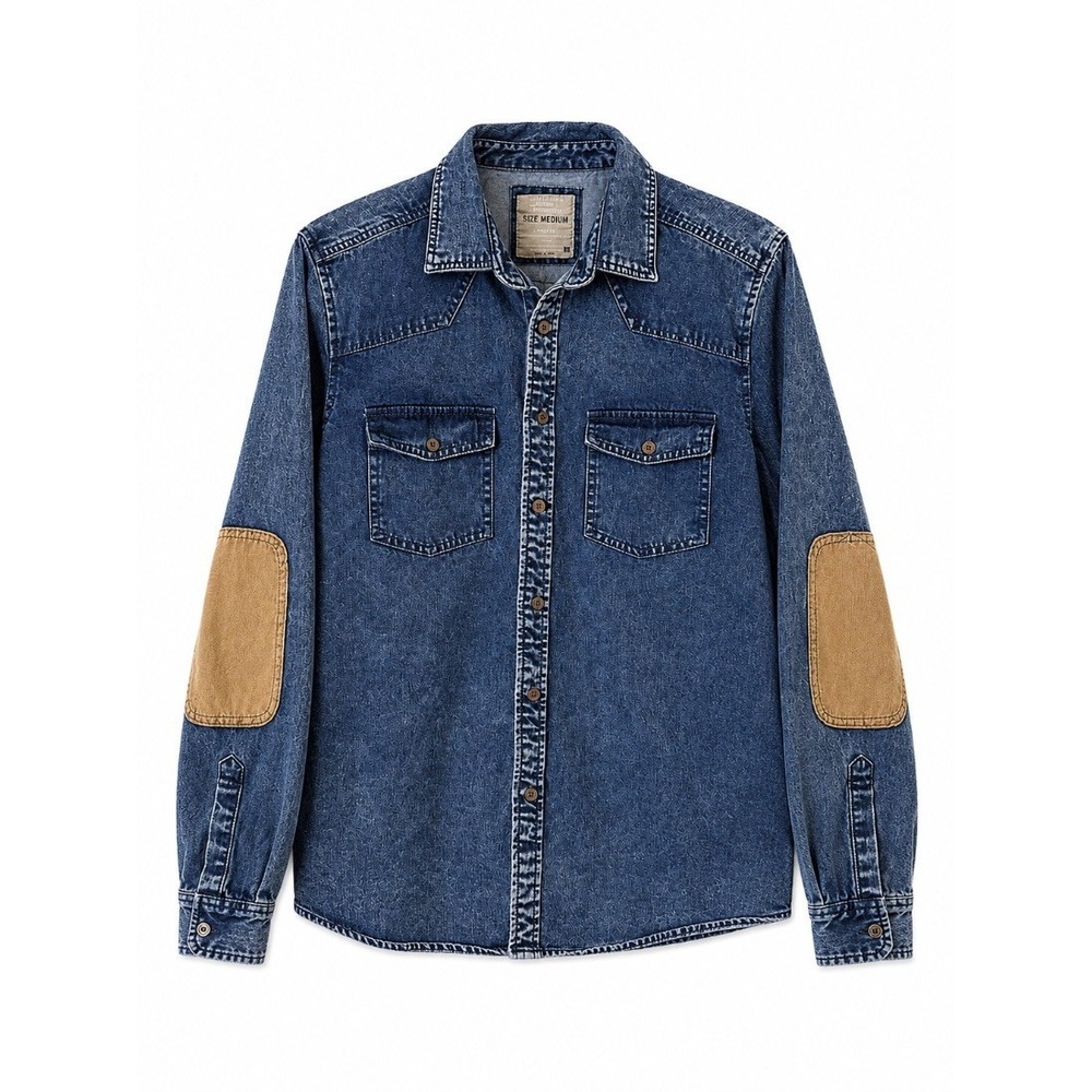 Cotton On Mens Blue Acid Wash Denim Shirt Corduroy Elbow Patch Long Sleeve M